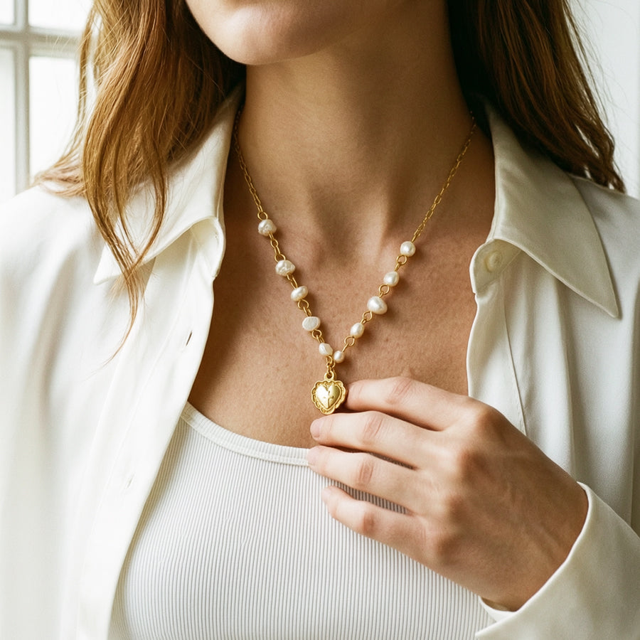 Heart Shape Beading Pendant Necklace For Women In 304 Stainless Steel With 18K Real Gold Plated PVD Coated Cable Chain