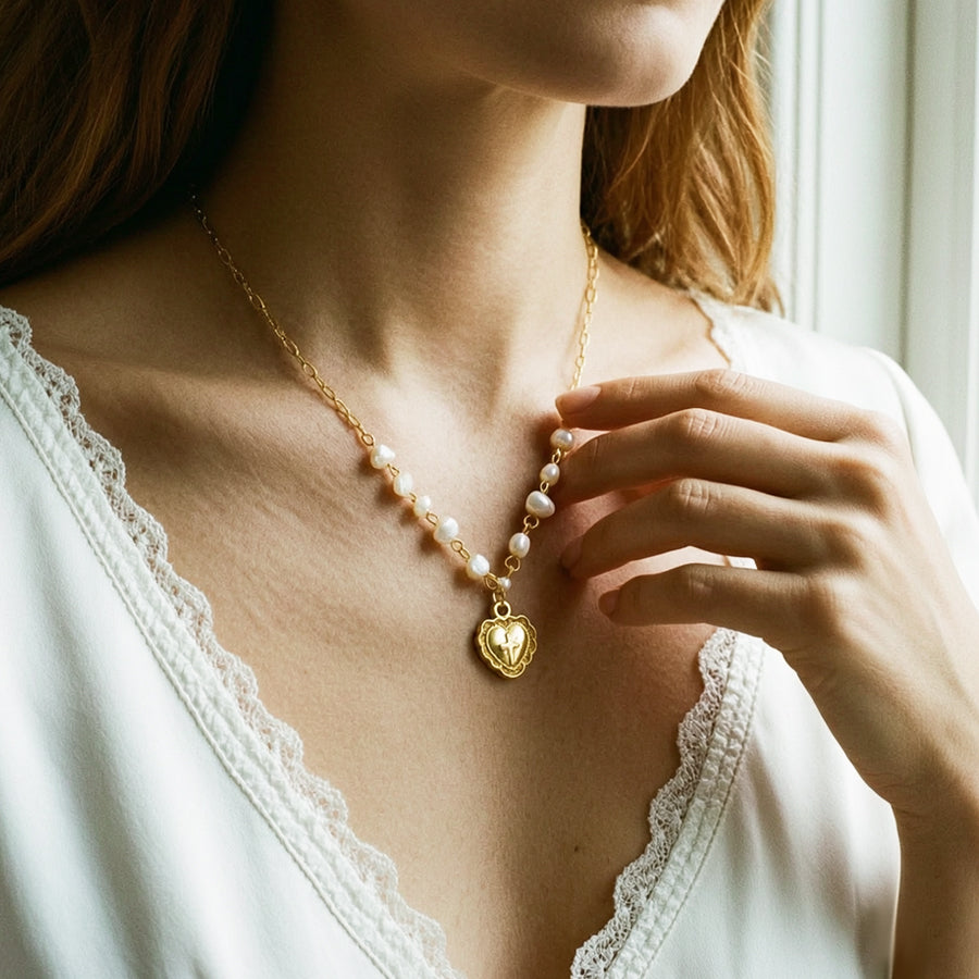 Heart Shape Beading Pendant Necklace For Women In 304 Stainless Steel With 18K Real Gold Plated PVD Coated Cable Chain