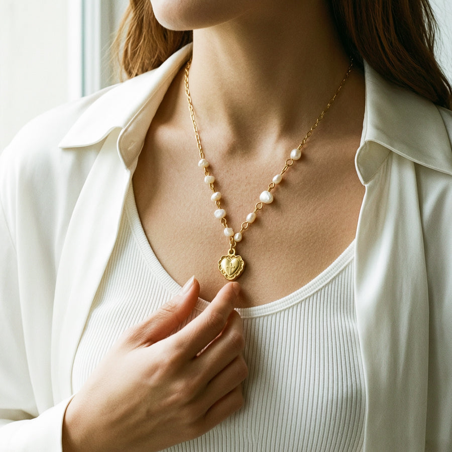 Heart Shape Beading Pendant Necklace For Women In 304 Stainless Steel With 18K Real Gold Plated PVD Coated Cable Chain