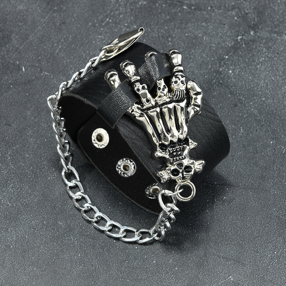 Men's Punk Skull Bracelet In Dyed Black PU Leather, Perfect For Business Occasions