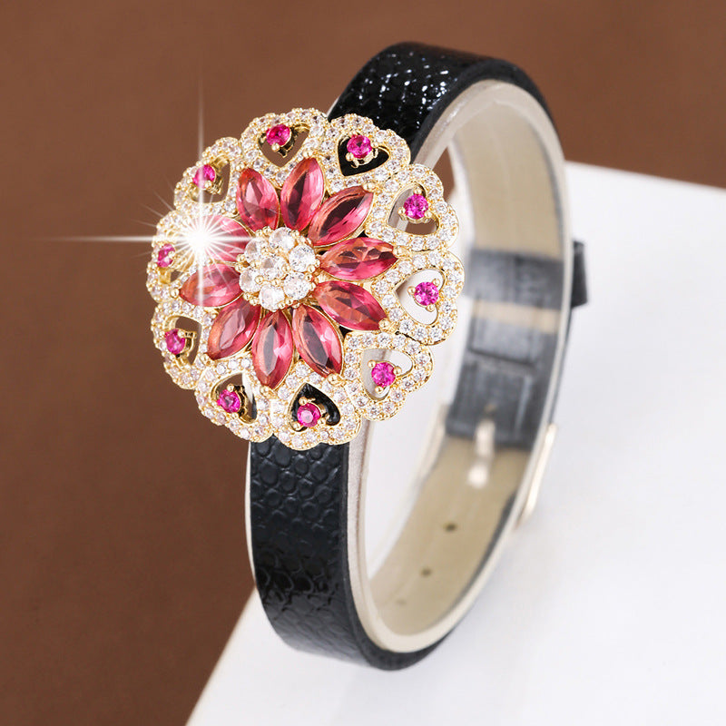 Elaborate Flowers Bracelet For Women In Electroplated Copper With Zircon Inlay