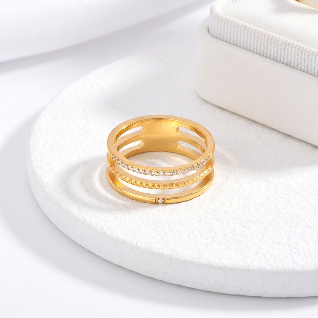 Geometric Electroplated Rings For Women In 304 Stainless Steel With 18K Real Gold PVD Coating And Shell Inlay