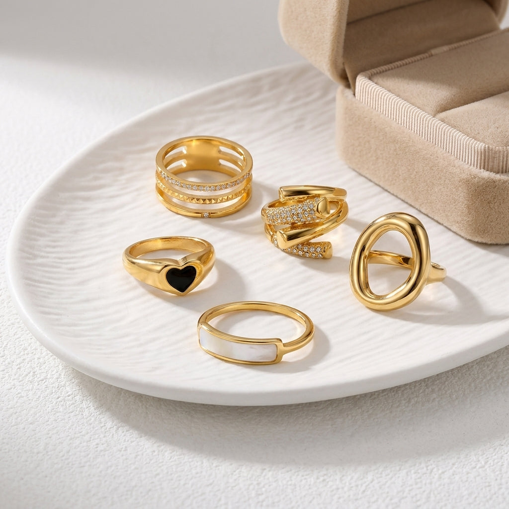 Geometric Electroplated Rings For Women In 304 Stainless Steel With 18K Real Gold PVD Coating And Shell Inlay