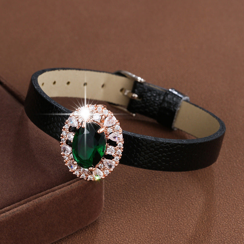 Sweet Geometric Rose Gold Bracelet For Women With Pu Leather And Zircon Inlay