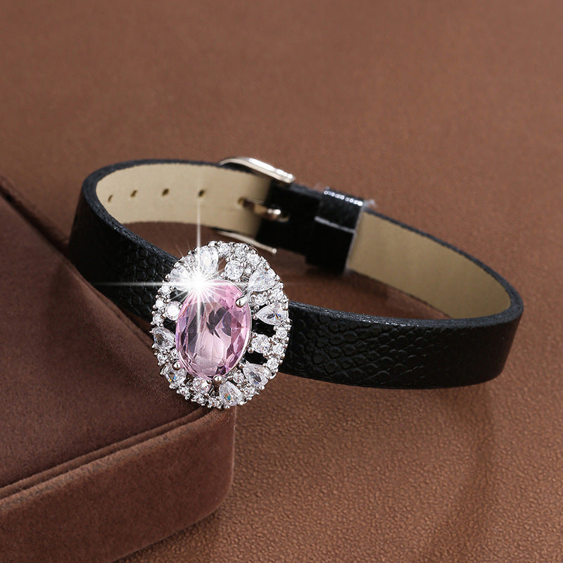 Sweet Geometric Rose Gold Bracelet For Women With Pu Leather And Zircon Inlay