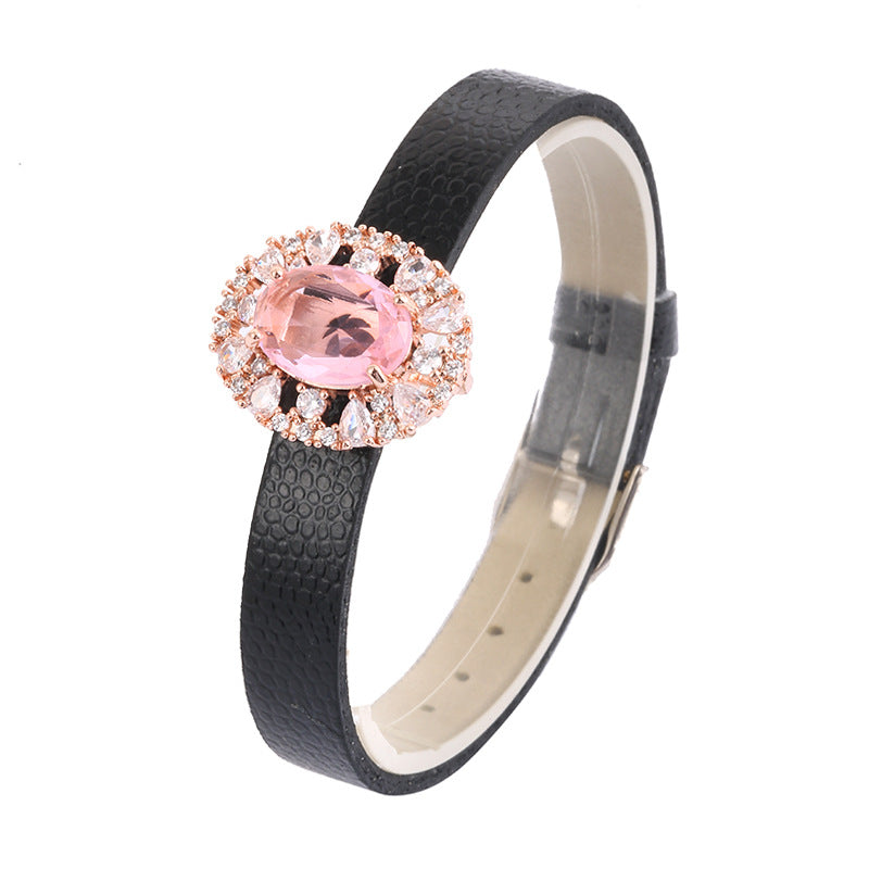 Sweet Geometric Rose Gold Bracelet For Women With Pu Leather And Zircon Inlay