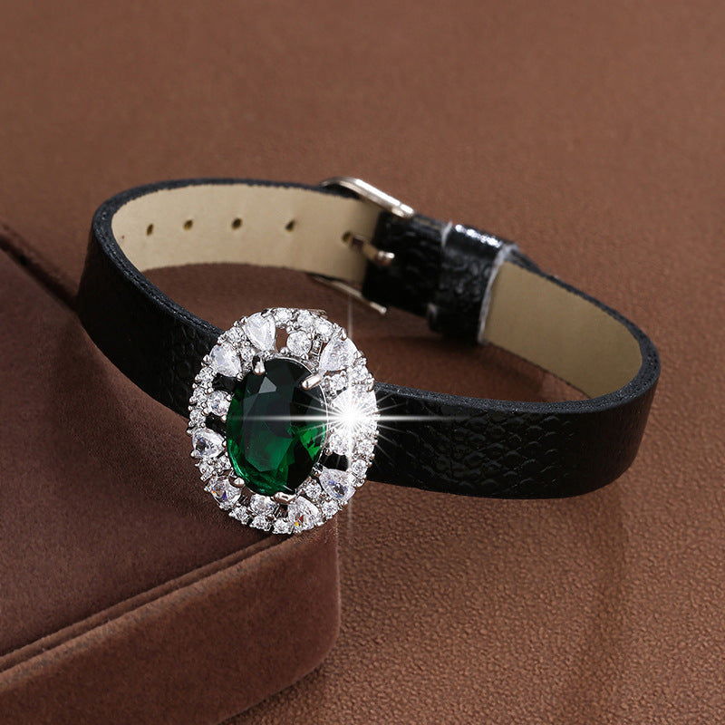 Sweet Geometric Rose Gold Bracelet For Women With Pu Leather And Zircon Inlay