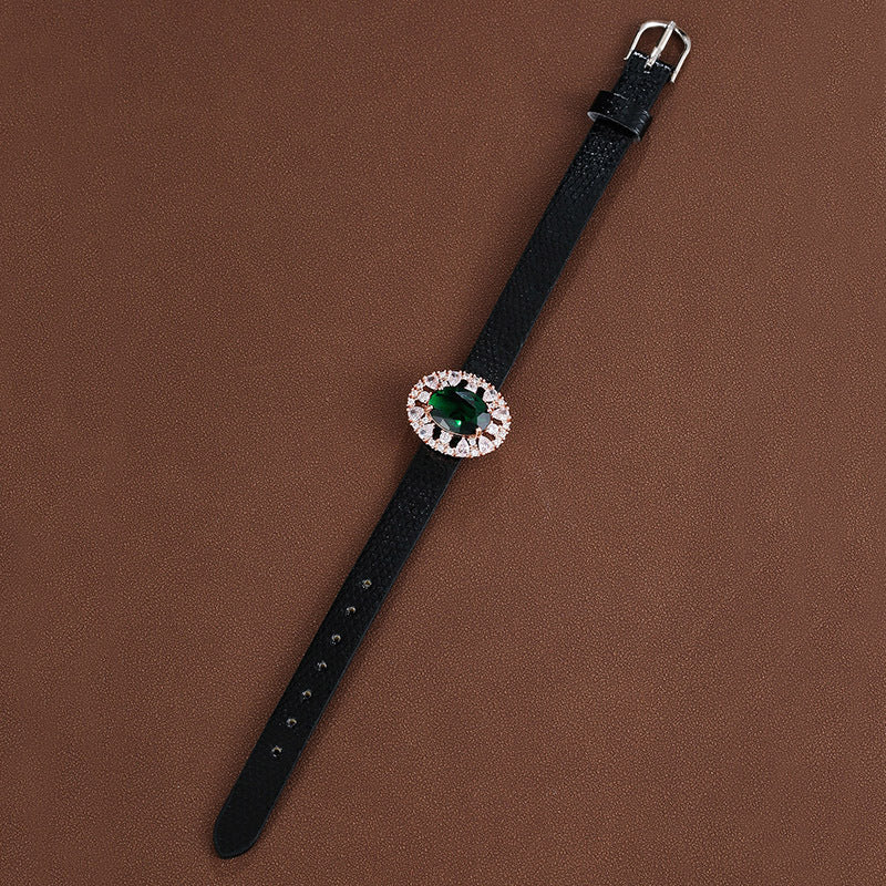 Sweet Geometric Rose Gold Bracelet For Women With Pu Leather And Zircon Inlay