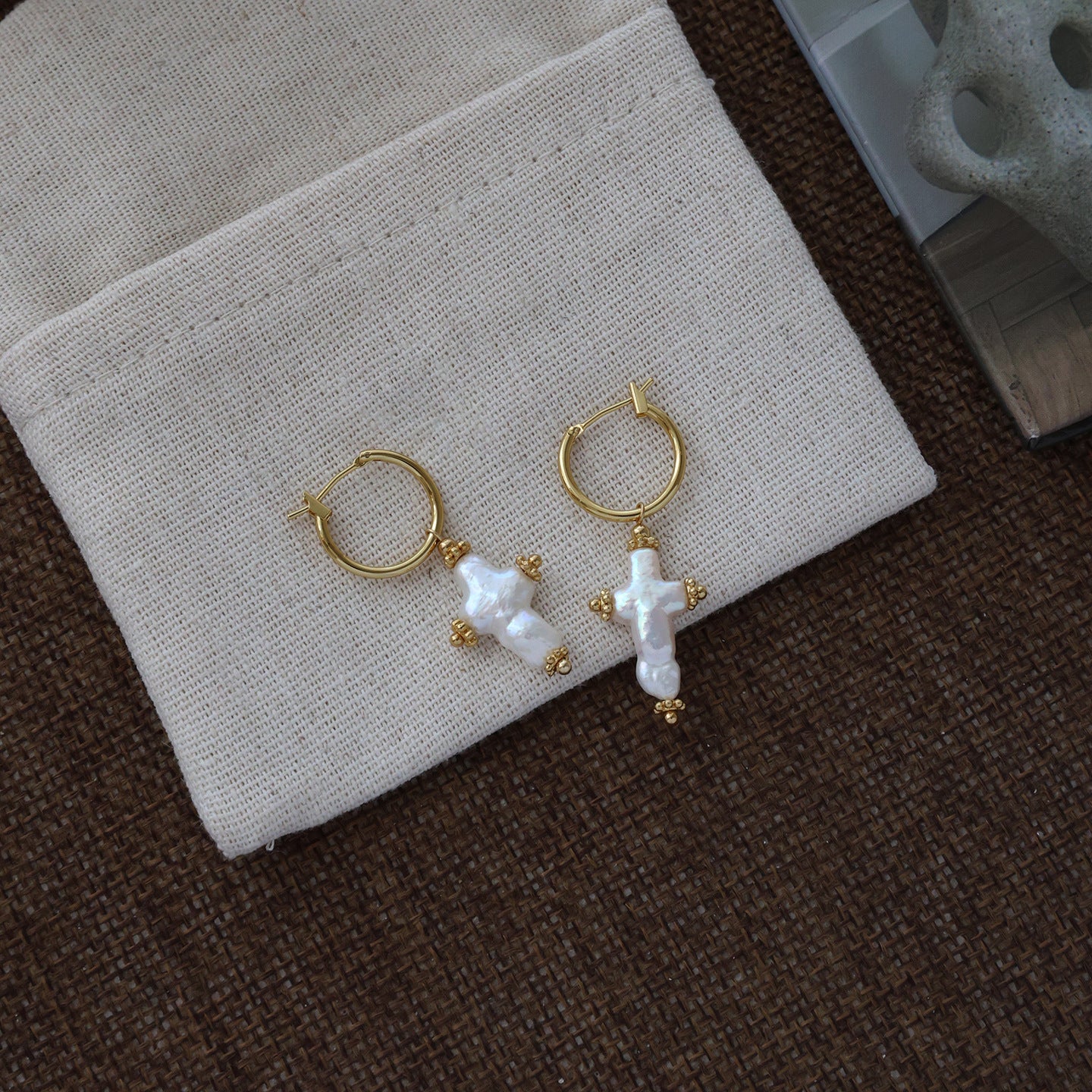 Cross Earrings For Women Featuring Freshwater Pearl In Baroque Style With 925 Sterling Silver Posts