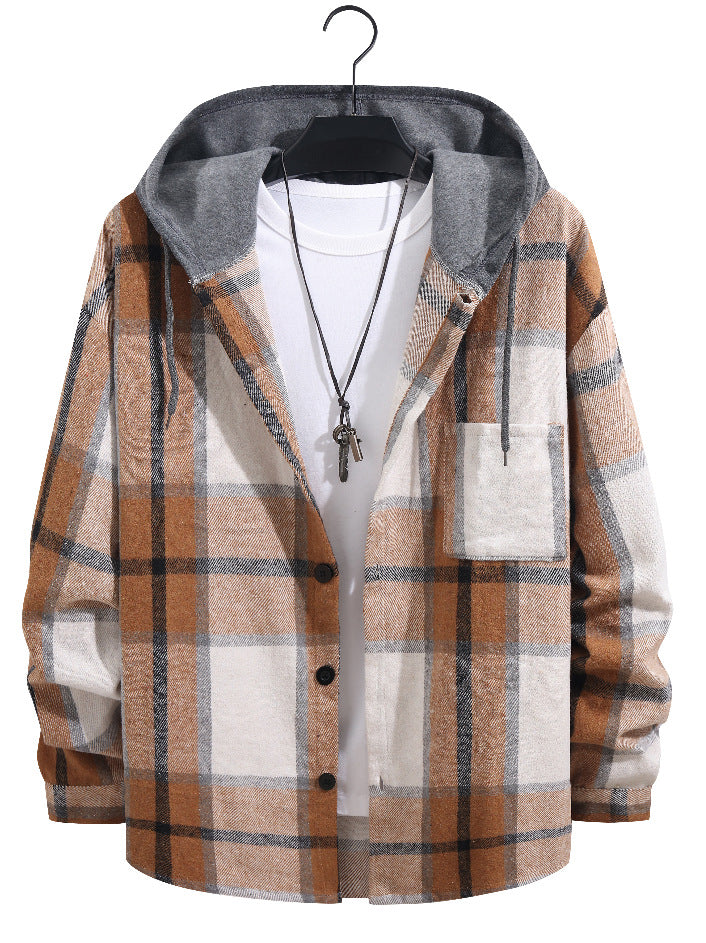 British Style Plaid Velvet Long Sleeve Shacket With Placket For Men