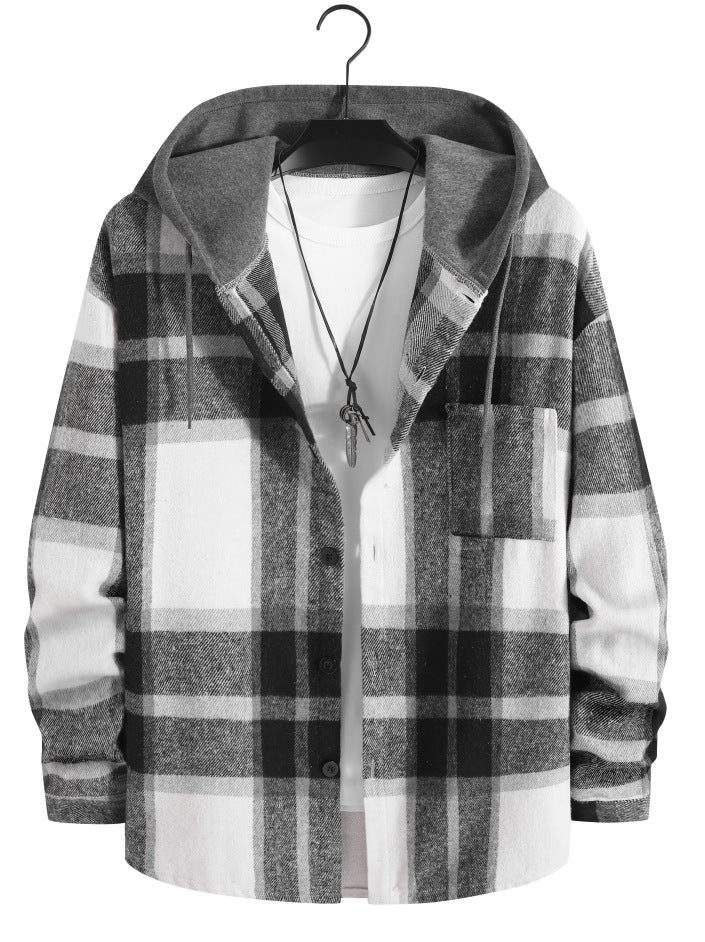 British Style Plaid Velvet Long Sleeve Shacket With Placket For Men