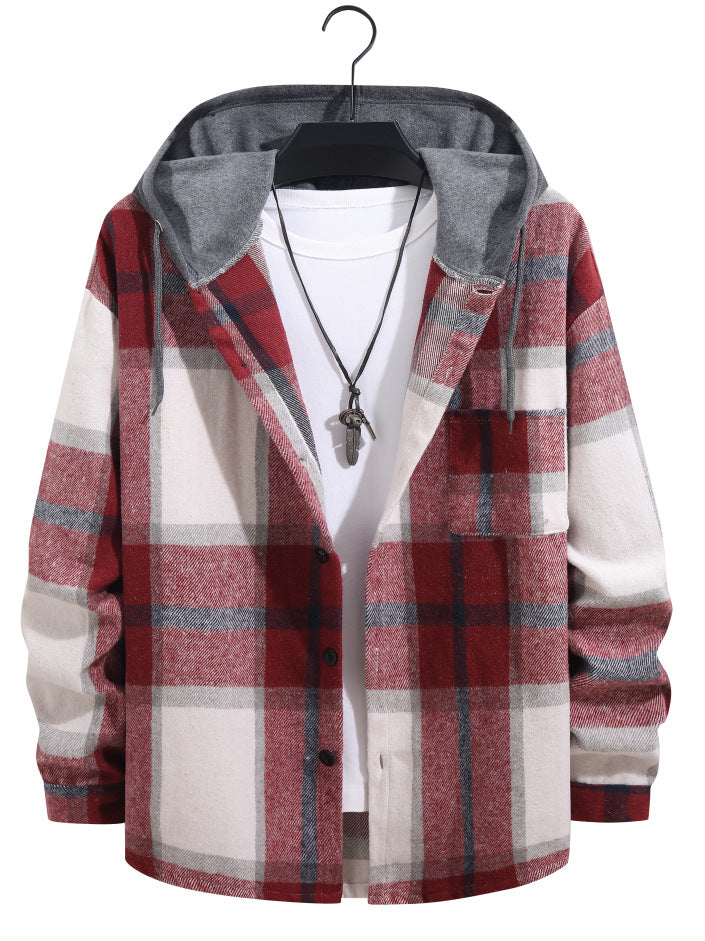 British Style Plaid Velvet Long Sleeve Shacket With Placket For Men