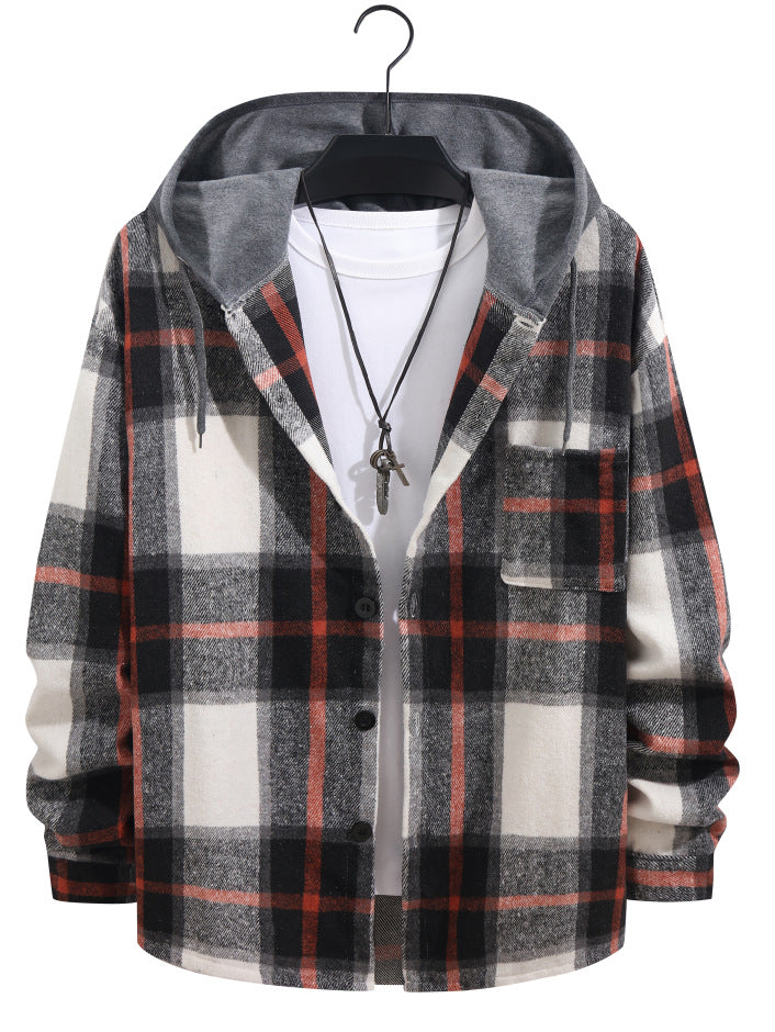 British Style Plaid Velvet Long Sleeve Shacket With Placket For Men