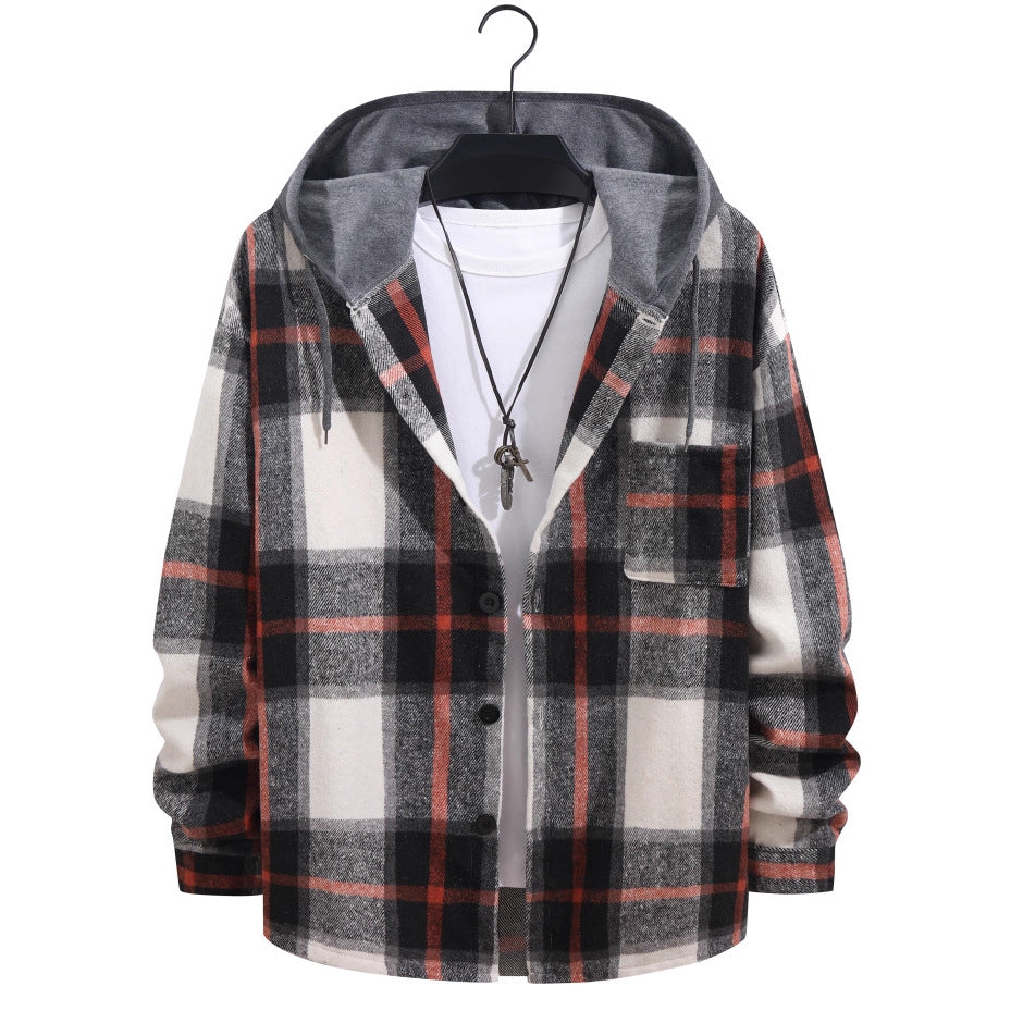 British Style Plaid Velvet Long Sleeve Shacket With Placket For Men