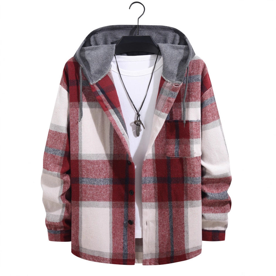 British Style Plaid Velvet Long Sleeve Shacket With Placket For Men