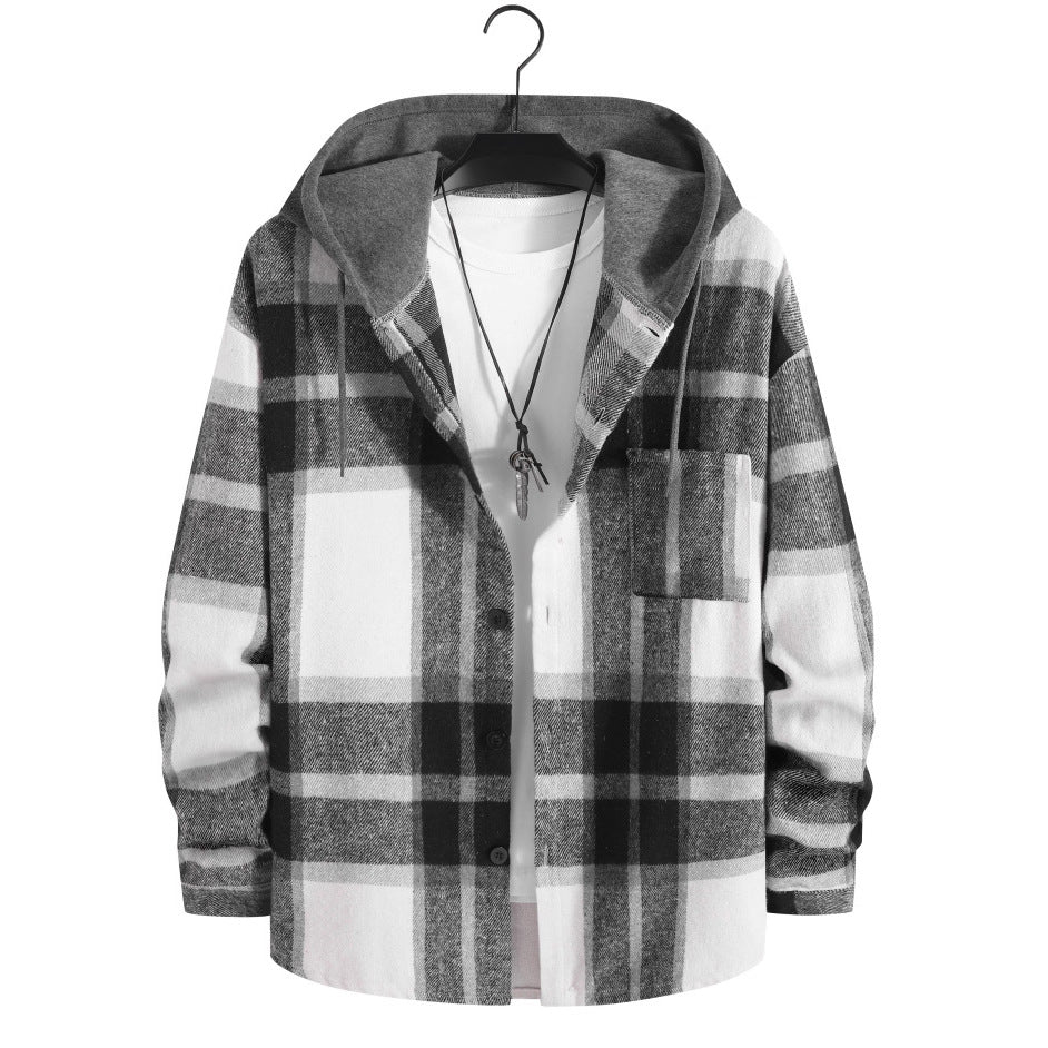 British Style Plaid Velvet Long Sleeve Shacket With Placket For Men
