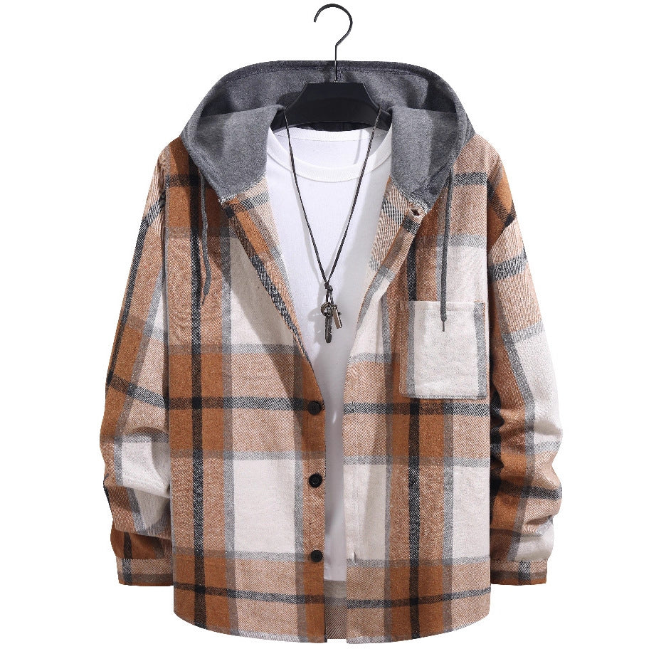 British Style Plaid Velvet Long Sleeve Shacket With Placket For Men