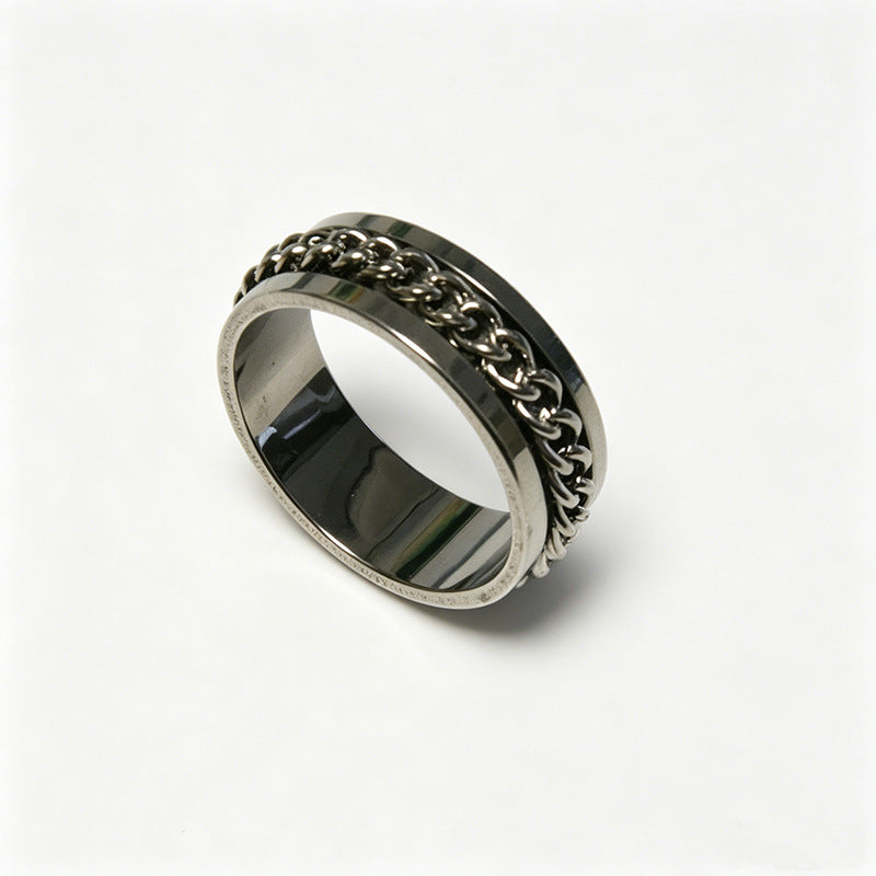 Men's Hip-Hop Chains Print Fidget Ring In Silver, Rotatable Design Made Of 304 Stainless Steel With Electroplated Finish