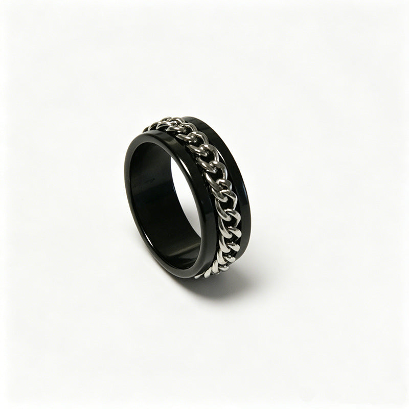 Men's Hip-Hop Chains Print Fidget Ring In Silver, Rotatable Design Made Of 304 Stainless Steel With Electroplated Finish