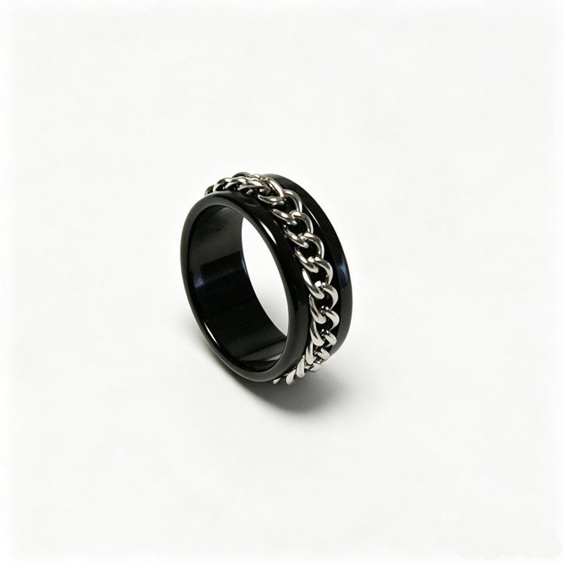 Men's Hip-Hop Chains Print Fidget Ring In Silver, Rotatable Design Made Of 304 Stainless Steel With Electroplated Finish