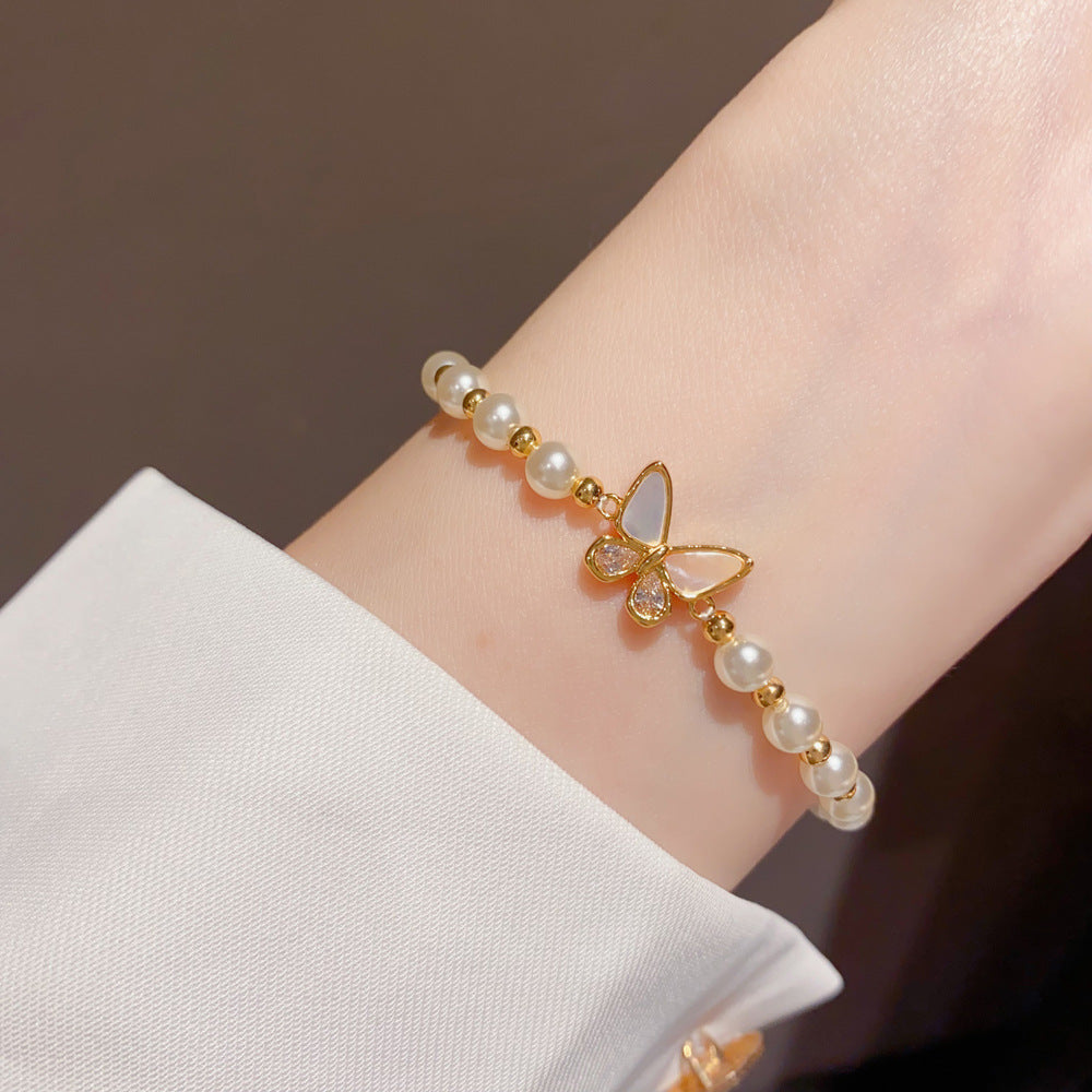 Butterfly Beading Bracelet For Women In Simple Style, Copper With Real Gold Plated And Shell Inlay