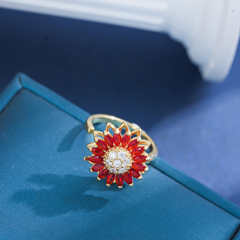 Sweet Style Flowers Rotatable Fidget Ring For Women In Titanium Steel With 18K Real Gold PVD Coating