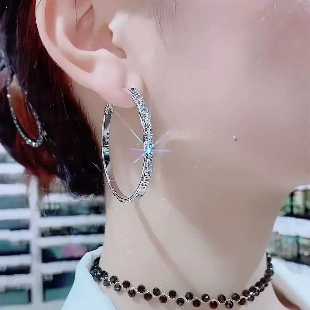 Elaborate Silver Circle Earrings For Women In Metal With Rhinestone Inlay