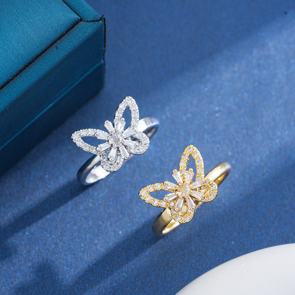 Sweet Style Flowers Rotatable Fidget Ring For Women In Titanium Steel With 18K Real Gold PVD Coating