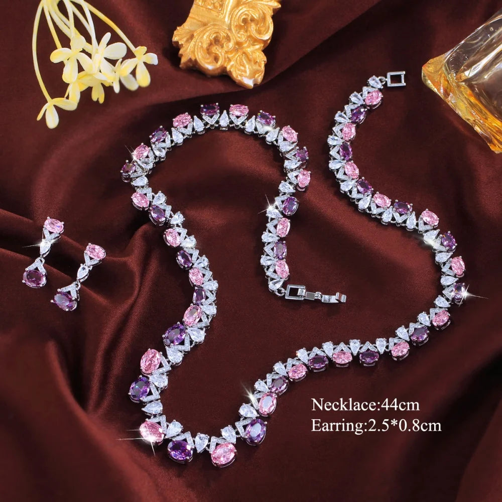 Geometric Waterproof Non Tarnish Jewelry Set For Women With Rhodium Plated Copper And Zircon Inlay Featuring Tennis Chain