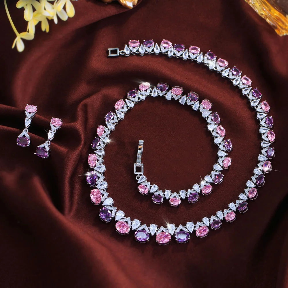Geometric Waterproof Non Tarnish Jewelry Set For Women With Rhodium Plated Copper And Zircon Inlay Featuring Tennis Chain