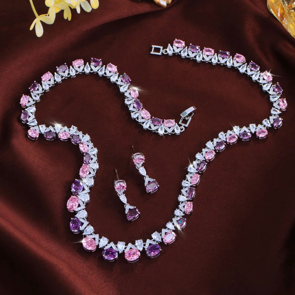 Geometric Waterproof Non Tarnish Jewelry Set For Women With Rhodium Plated Copper And Zircon Inlay Featuring Tennis Chain