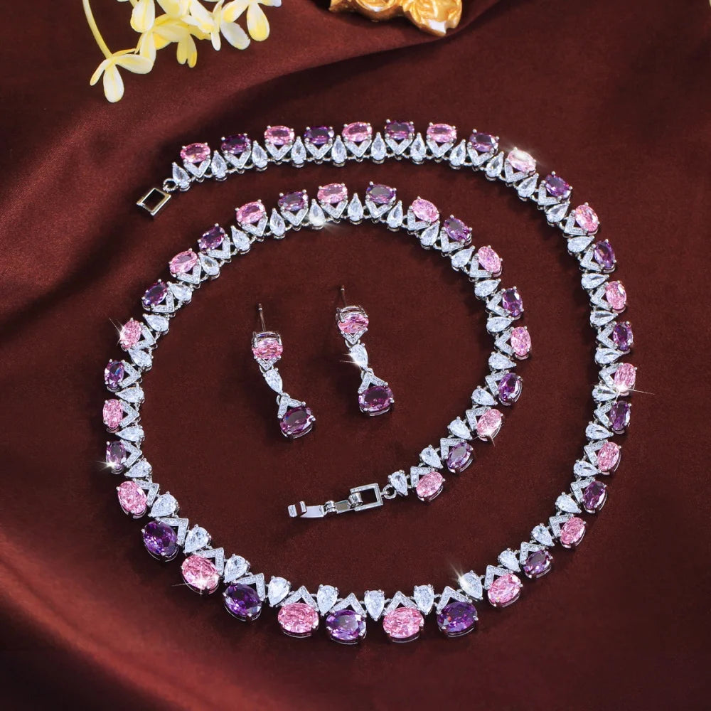 Geometric Waterproof Non Tarnish Jewelry Set For Women With Rhodium Plated Copper And Zircon Inlay Featuring Tennis Chain