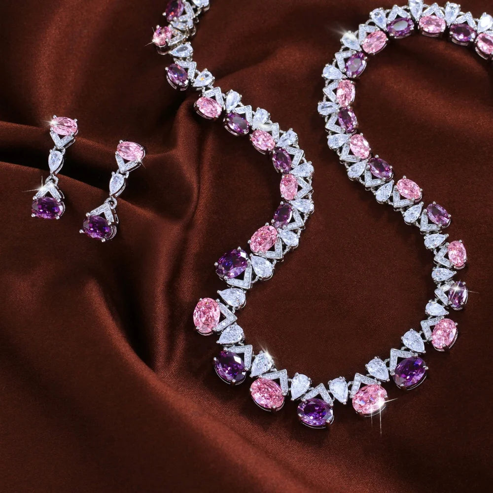 Geometric Waterproof Non Tarnish Jewelry Set For Women With Rhodium Plated Copper And Zircon Inlay Featuring Tennis Chain