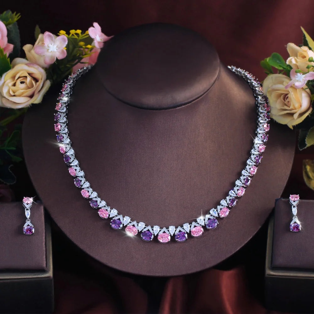 Geometric Waterproof Non Tarnish Jewelry Set For Women With Rhodium Plated Copper And Zircon Inlay Featuring Tennis Chain