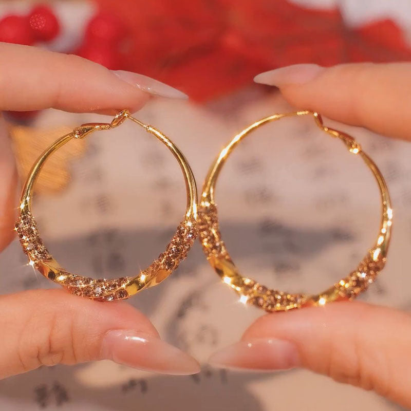 Exaggerated Twist Circle Hoop Earrings For Women In Metal With Rhinestone Inlay