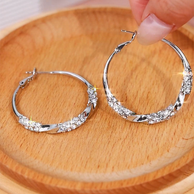 Exaggerated Twist Circle Hoop Earrings For Women In Metal With Rhinestone Inlay