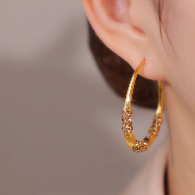 Exaggerated Twist Circle Hoop Earrings For Women In Metal With Rhinestone Inlay