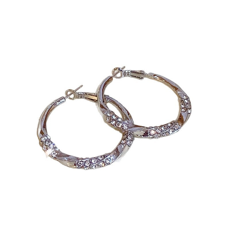 Exaggerated Twist Circle Hoop Earrings For Women In Metal With Rhinestone Inlay