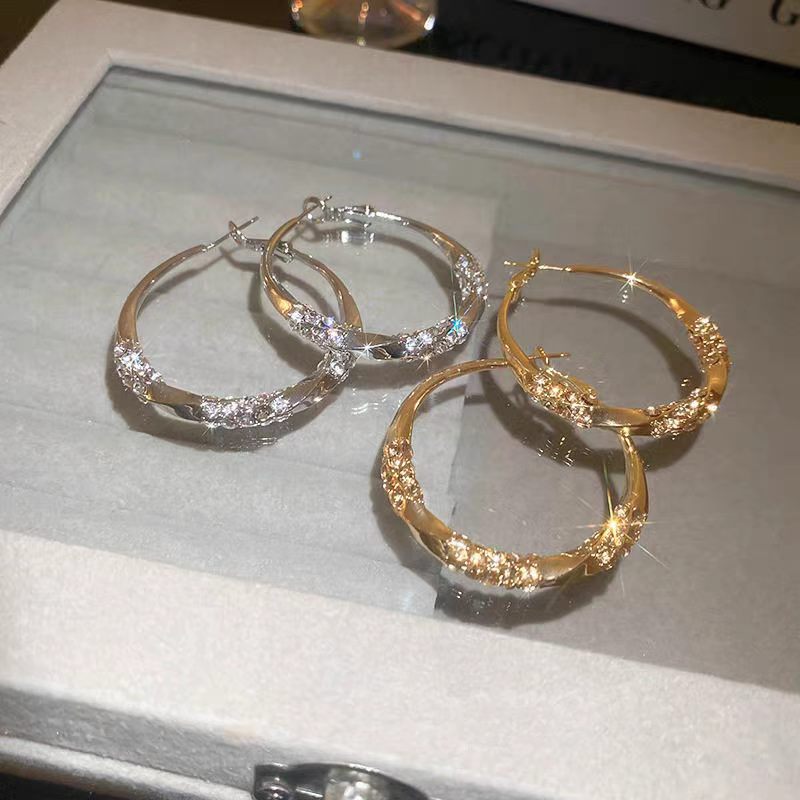 Exaggerated Twist Circle Hoop Earrings For Women In Metal With Rhinestone Inlay