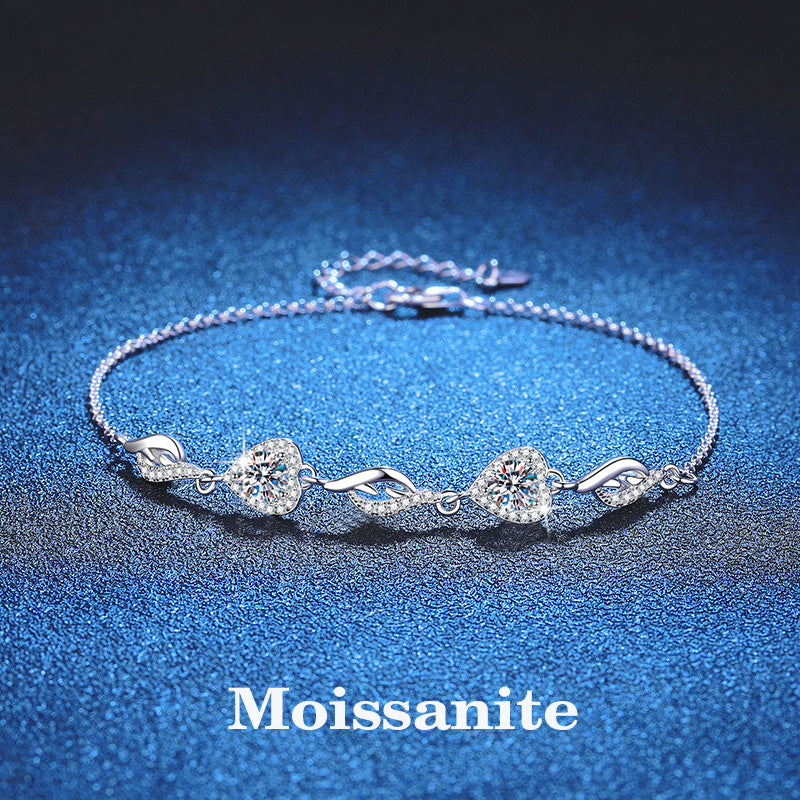 Heart Shape Valentine's Day Bracelet For Women In 925 Sterling Silver With Platinum Plated 0.03µm And Moissanite Inlay On Cable Chain