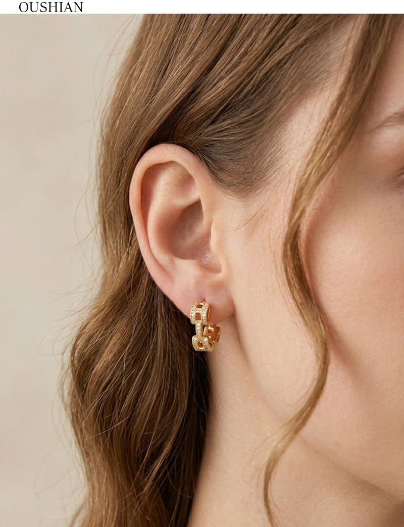 Asymmetrical Circle Sleeper Earrings For Women In Retro Style, Made Of Copper With Zircon Inlay