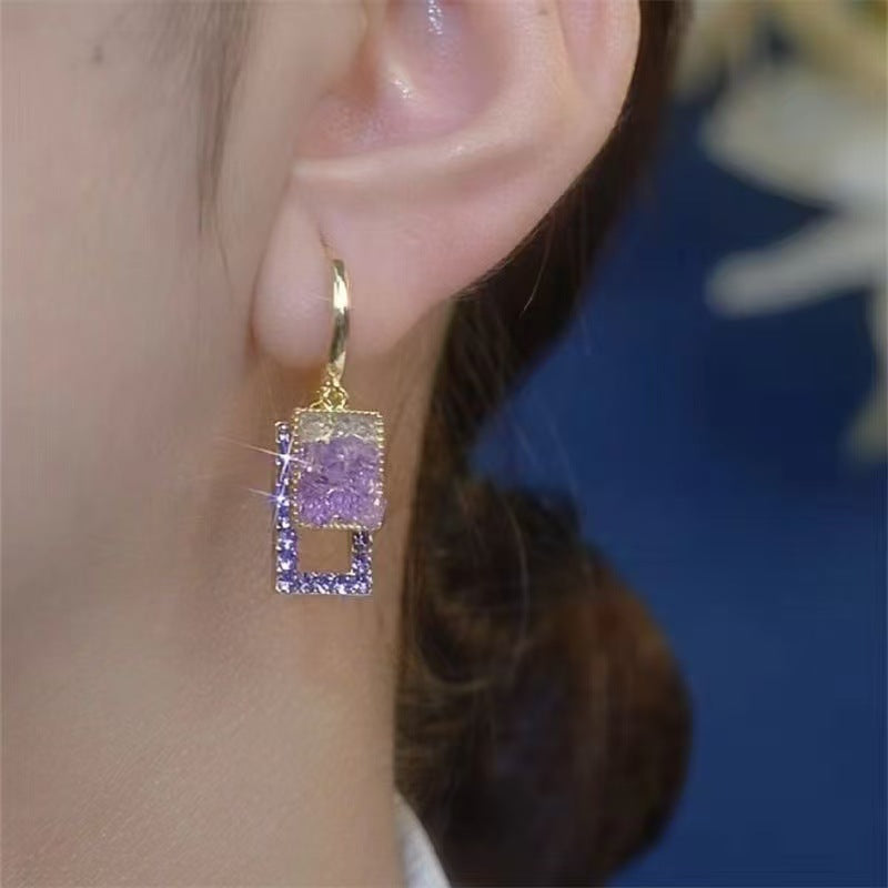 Geometric Purple Earrings For Women Featuring Alloy Material And Copper Ear Pins With Zircon Inlay