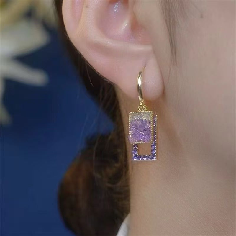 Geometric Purple Earrings For Women Featuring Alloy Material And Copper Ear Pins With Zircon Inlay