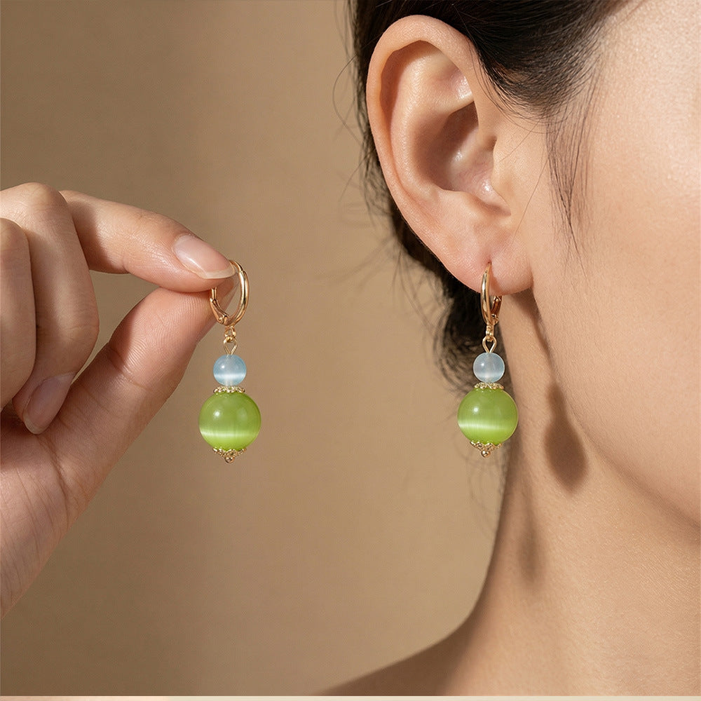 Color Block Earrings For Women Featuring Green Cat's Eye Stone With Copper Ear Pins