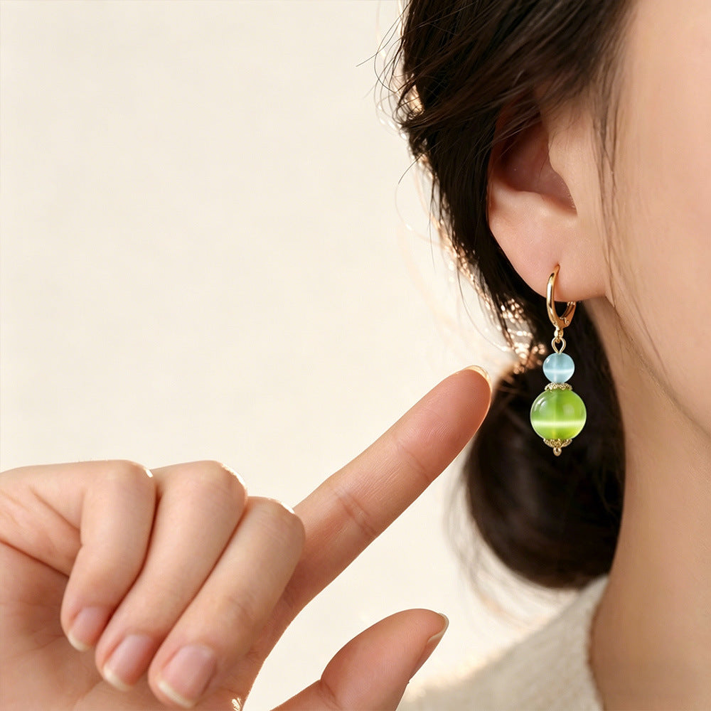 Color Block Earrings For Women Featuring Green Cat's Eye Stone With Copper Ear Pins