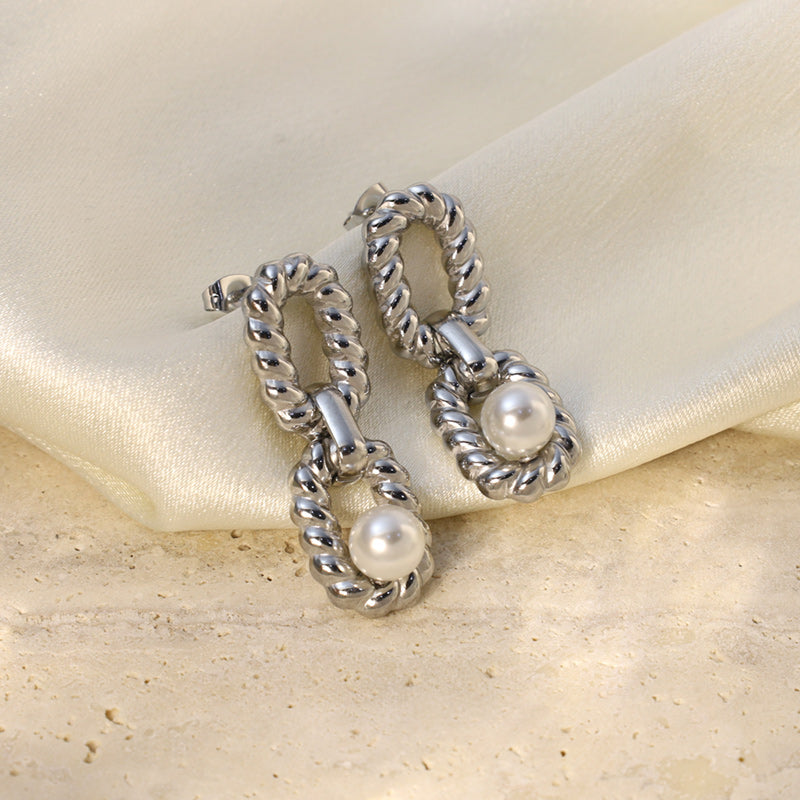 Geometric Waterproof Non Tarnish Earrings For Women, 18K Real Gold Plated 304 Stainless Steel With Artificial Pearl Inlay, PVD Coated