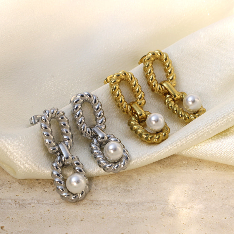 Geometric Waterproof Non Tarnish Earrings For Women, 18K Real Gold Plated 304 Stainless Steel With Artificial Pearl Inlay, PVD Coated