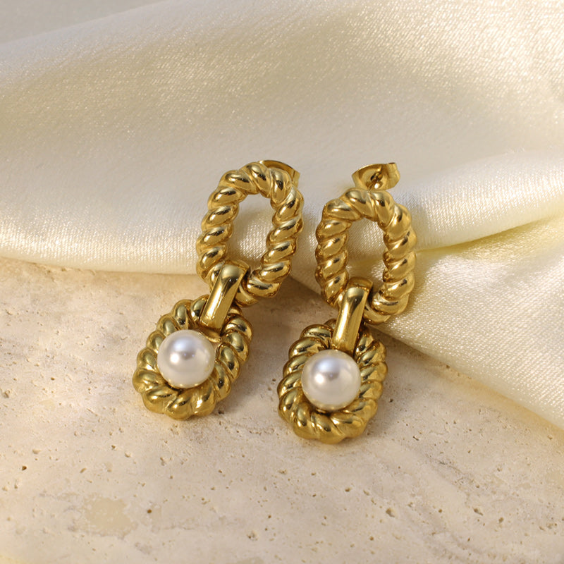 Geometric Waterproof Non Tarnish Earrings For Women, 18K Real Gold Plated 304 Stainless Steel With Artificial Pearl Inlay, PVD Coated