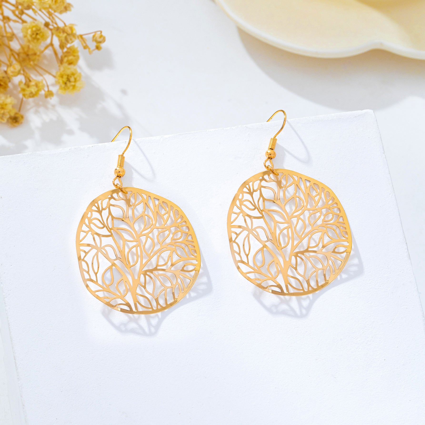 Leaves Earrings For Women In Retro Style, Copper Material With Electroplated Finish And 304 Stainless Steel Ear Pins