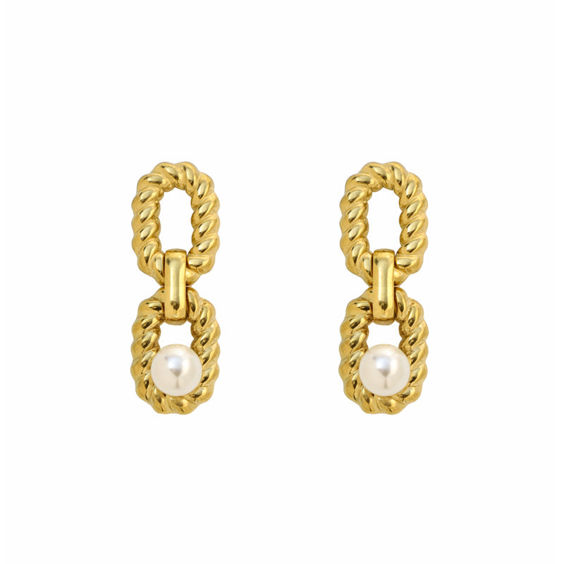 Geometric Waterproof Non Tarnish Earrings For Women, 18K Real Gold Plated 304 Stainless Steel With Artificial Pearl Inlay, PVD Coated